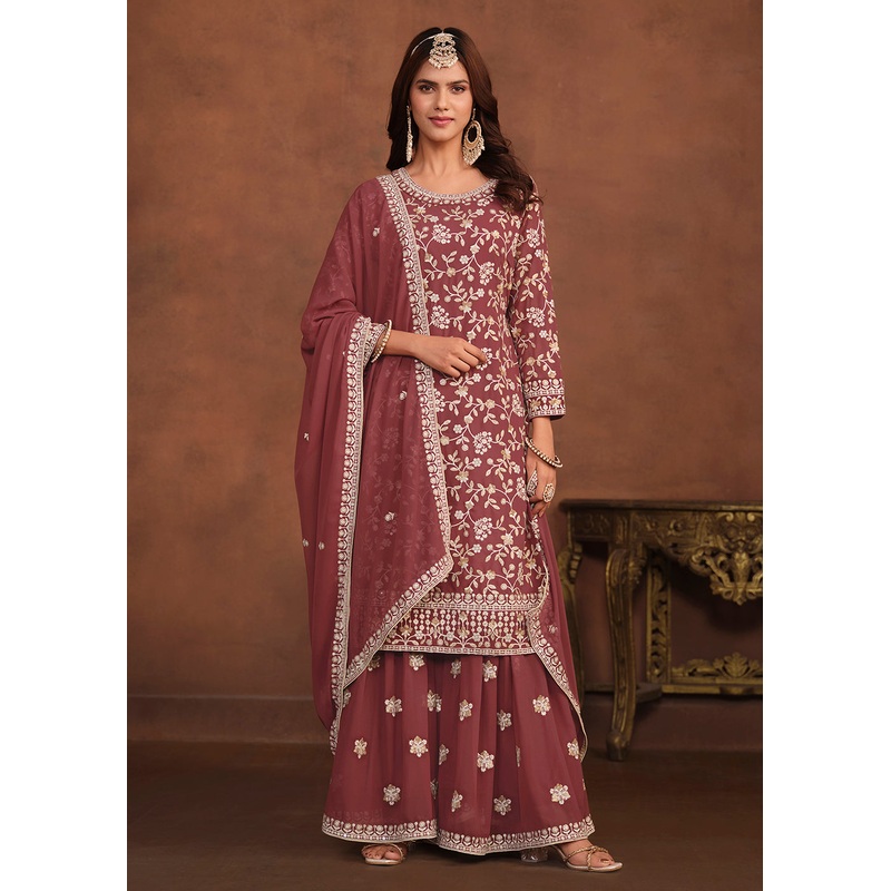 Faux Georgette Taupe Mauve Embroidered Festive Salwar Suit