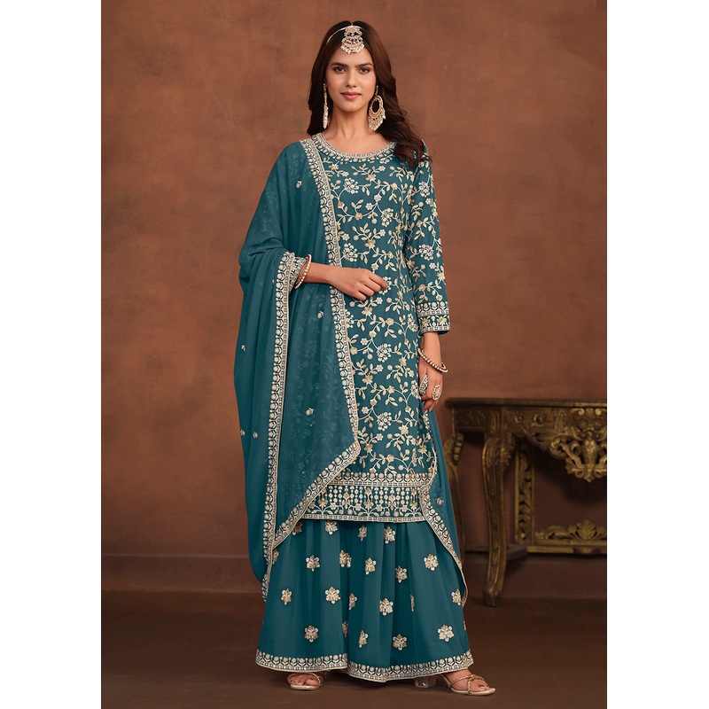 Faux Georgette Teal Blue Embroidered Festive Salwar Suit