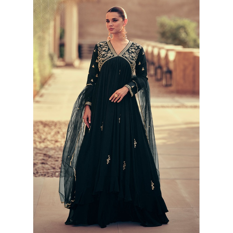 Festive Style Pine Green Embroidered Chinnon Anarkali Suit