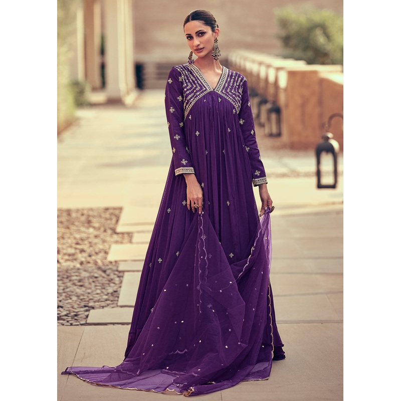 Festive Style Purple Embroidered Chinnon Anarkali Suit