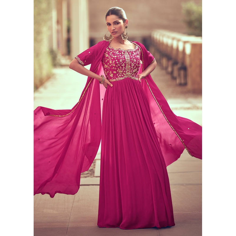Festive Style Rani Pink Embroidered Chinnon Anarkali Suit