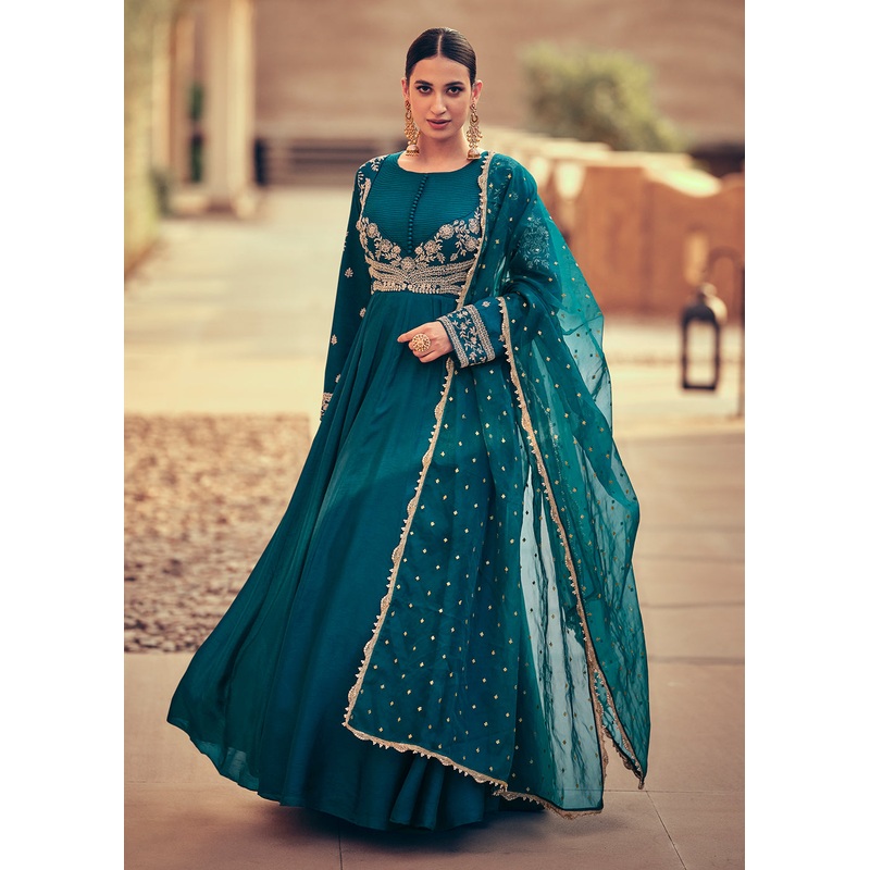 Festive Style Teal Blue Embroidered Silk Anarkali Suit