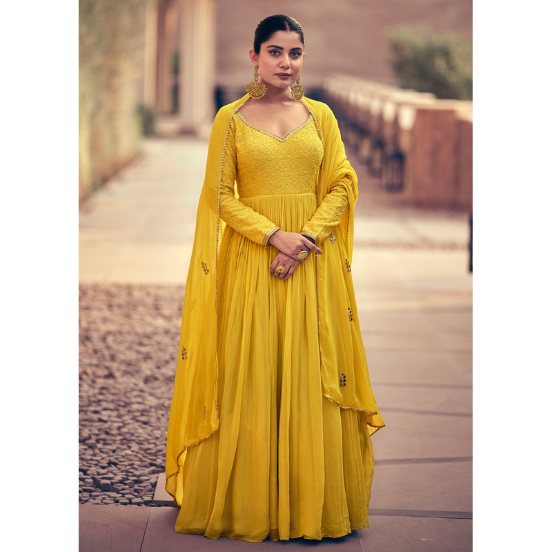 Festive Style Yellow Embroidered Georgette Anarkali Suit