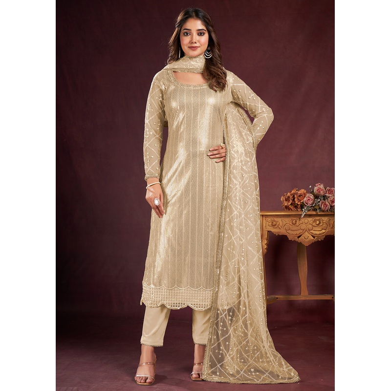 Gold Beige Butterfly Net Embroidered Festive Salwar Suit