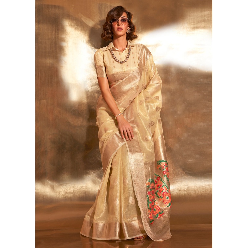 Golden Handwoven Tissue Fabric Festive & Party Style Saree
