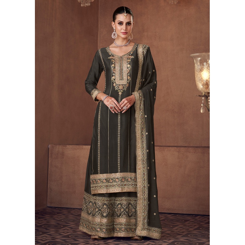 Gorgeous Black Real Chinnon Embroidered Designer Sharara Suit