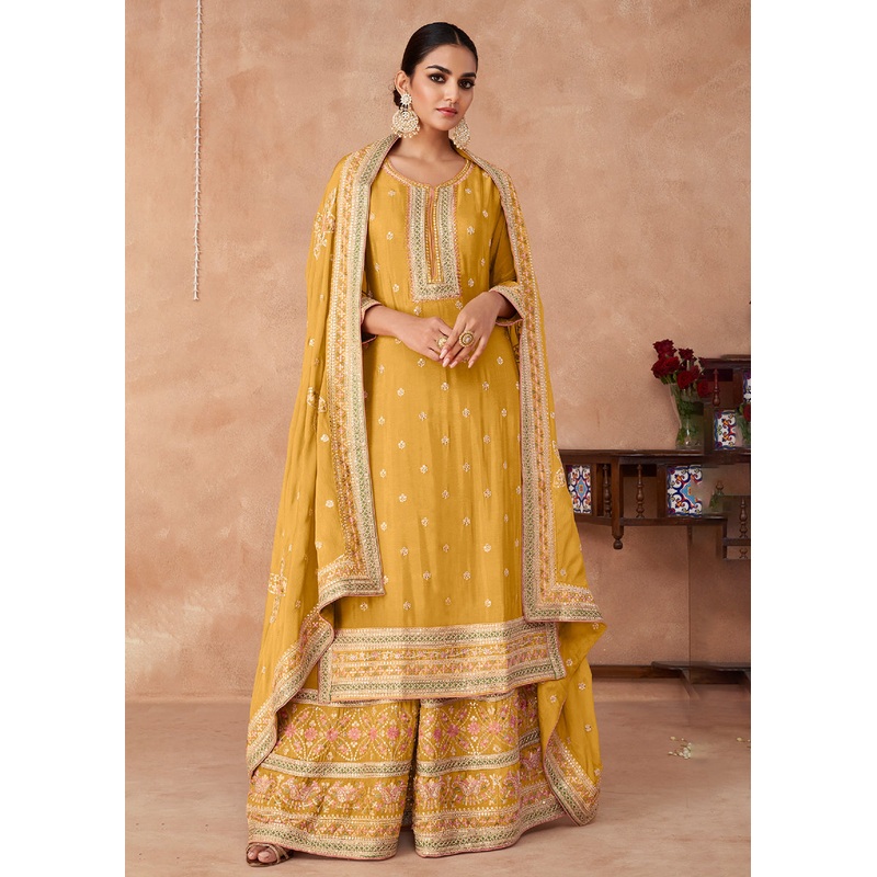Gorgeous Yellow Real Chinnon Embroidered Designer Sharara Suit