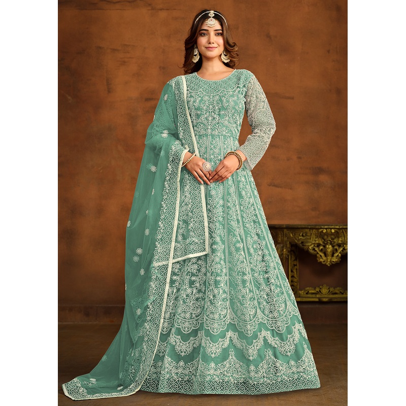 Green All Over Embroidered Net Wedding Anarkali Suit