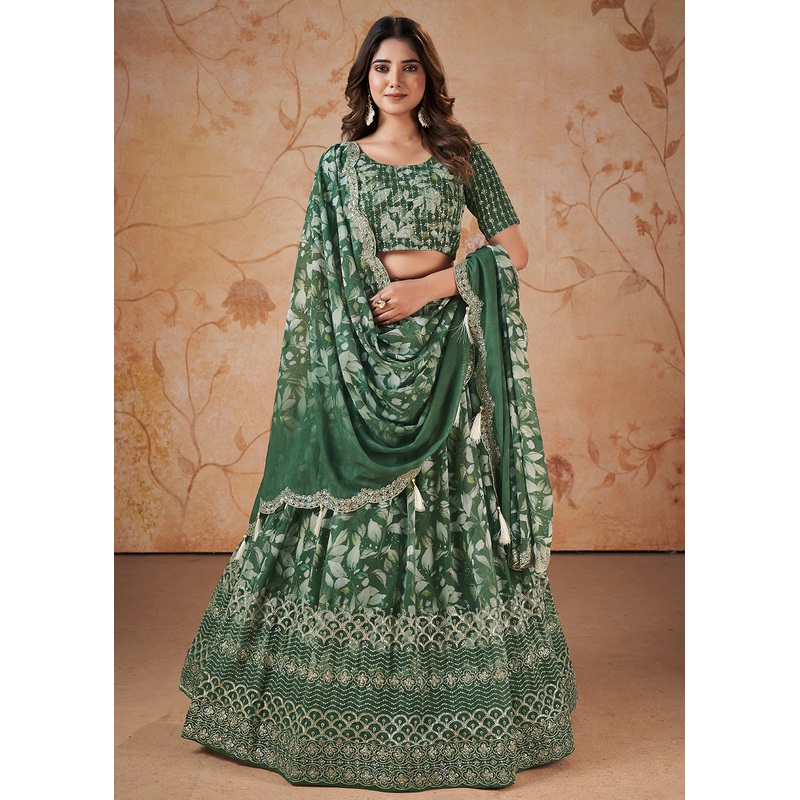 Green Digital Print & Sequins Wedding Festive Lehenga Choli