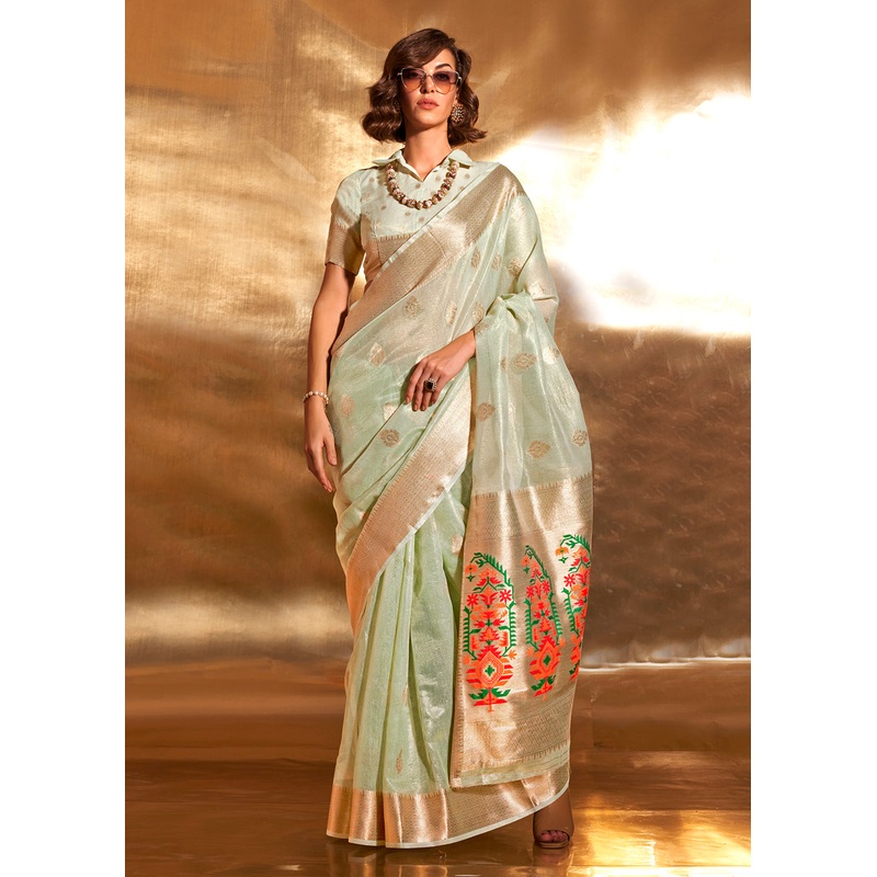 Green Handwoven Tissue Fabric Festive & Party Style Saree