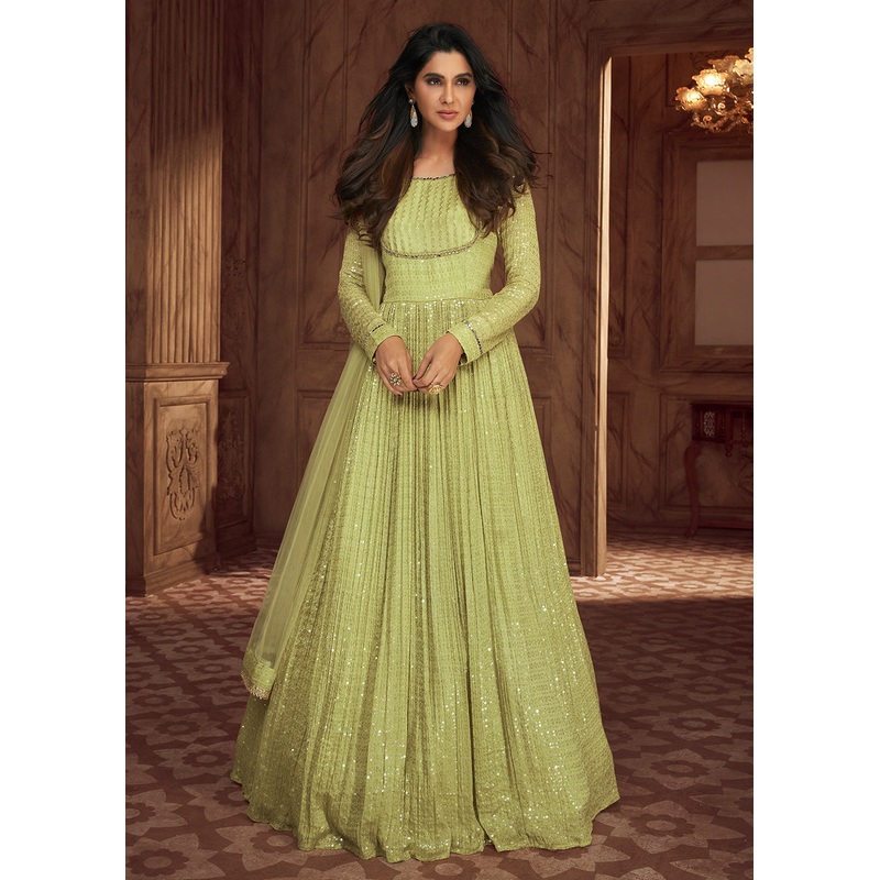 Green Heavy Georgette Embroidered Wedding Party Anarkali Gown