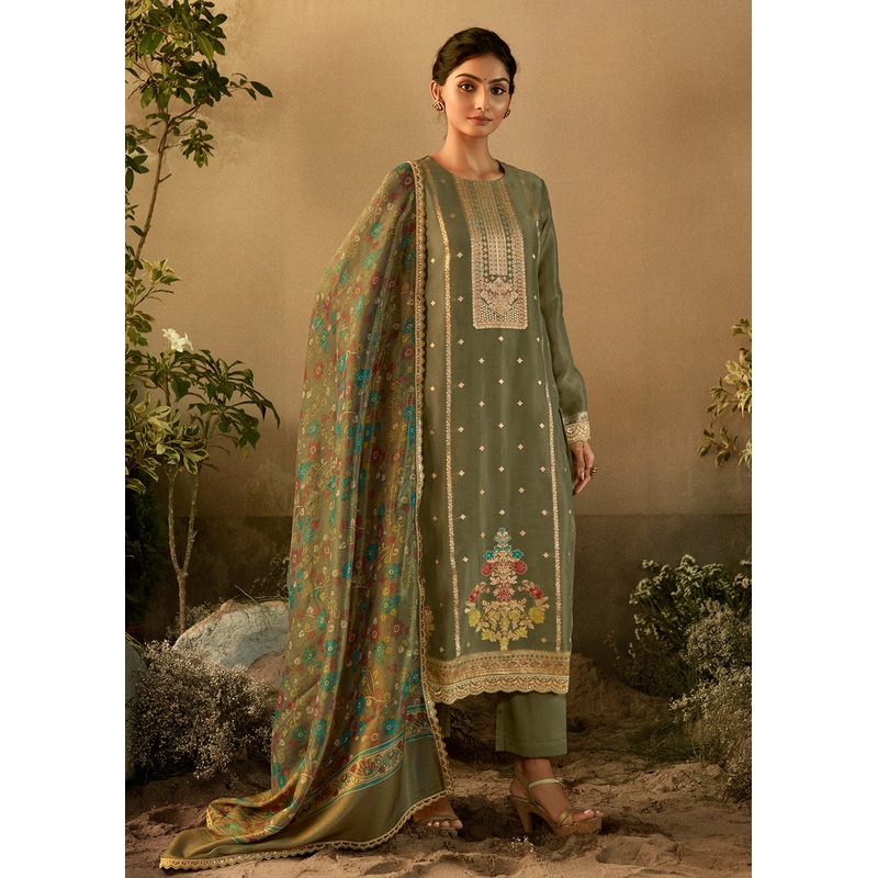 Green Pure Zari Banarasi Tissue Festive Wear Salwar Suit