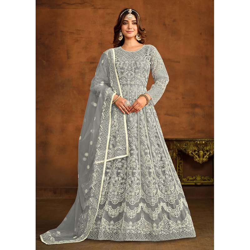 Grey All Over Embroidered Net Wedding Anarkali Suit