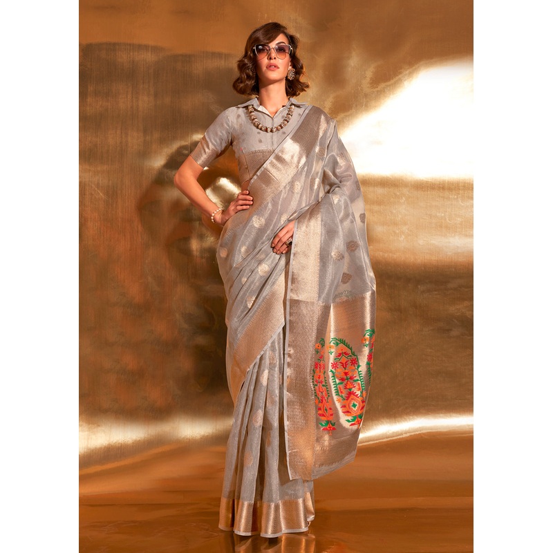 Grey Handwoven Tissue Fabric Festive & Party Style Saree