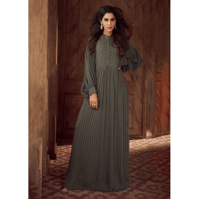 Grey Heavy Georgette Embroidered Wedding Party Anarkali Gown