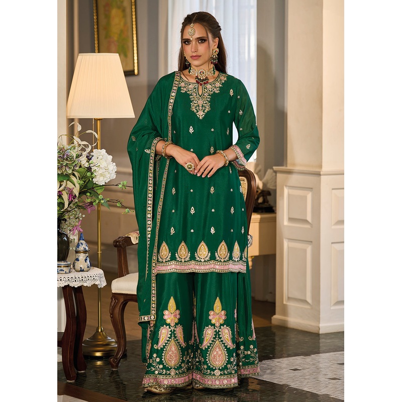 Heavy Chinnon Green Embroidered Festive Palazzo Suit