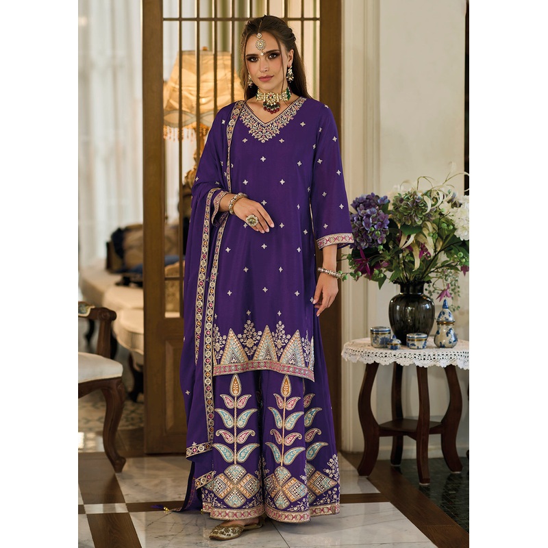 Heavy Chinnon Purple Embroidered Festive Palazzo Suit