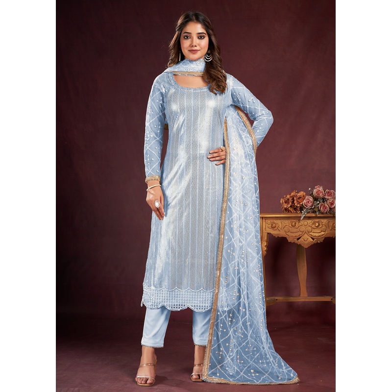 Ice Blue Butterfly Net Embroidered Festive Salwar Suit