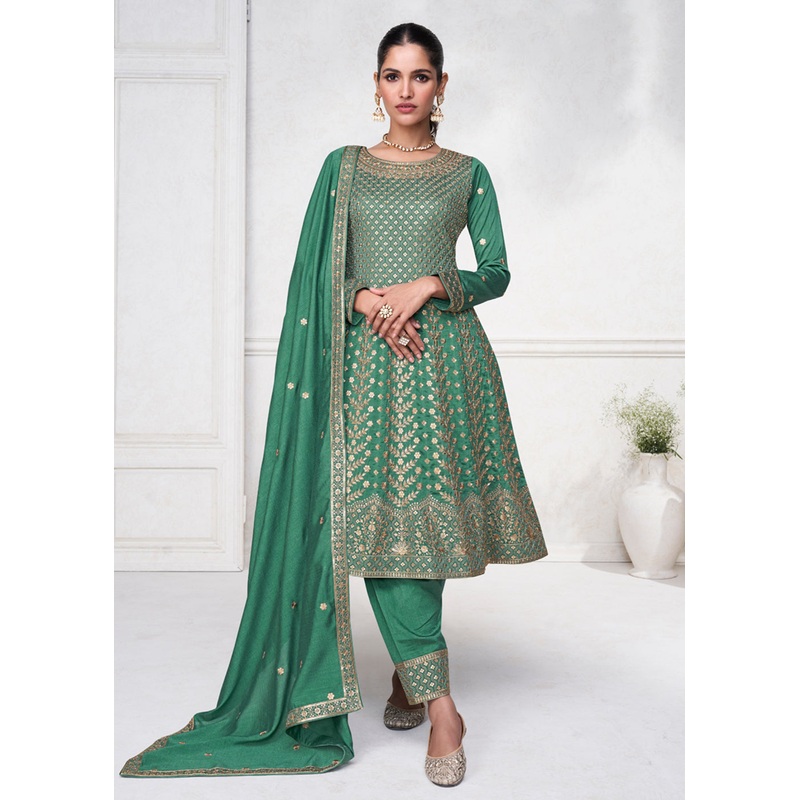 Jade Green Punjabi Style Silk Embroidered Salwar Suit