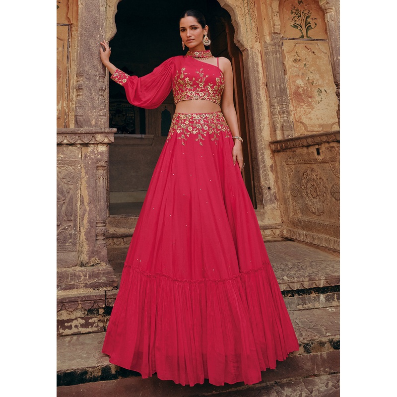 Magenta Pink Chinnon Embroidered Designer Bridesmaid Lehenga