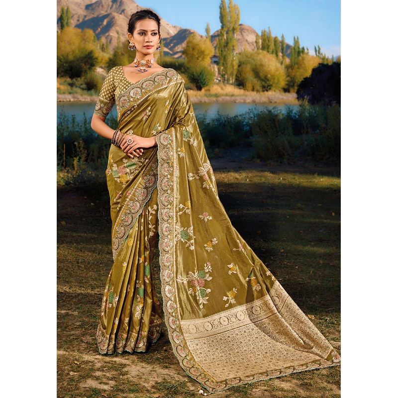 Mehndi Green Banarasi Pure Zari Fabric Designer Saree