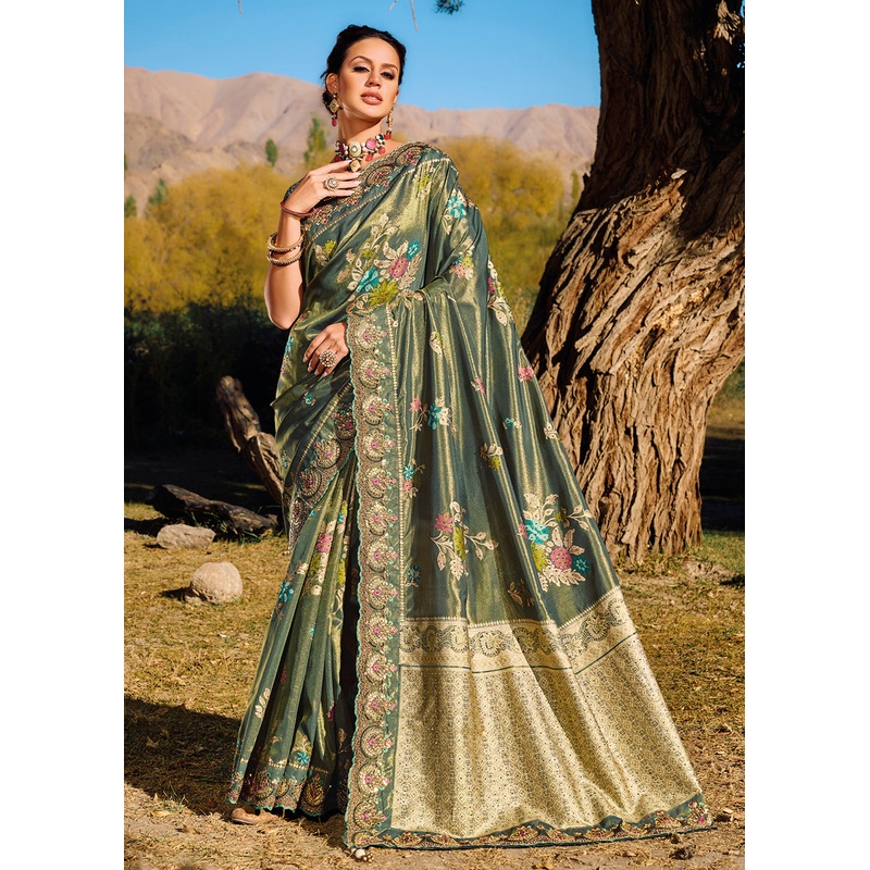 Moss Green Banarasi Pure Zari Fabric Designer Saree