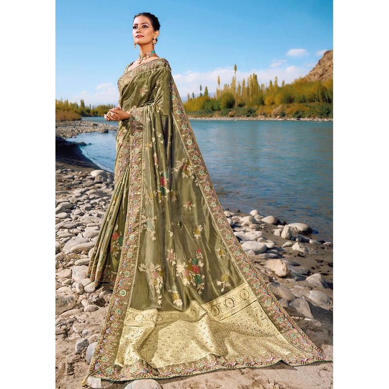 Moss Grey Banarasi Pure Zari Fabric Designer Saree