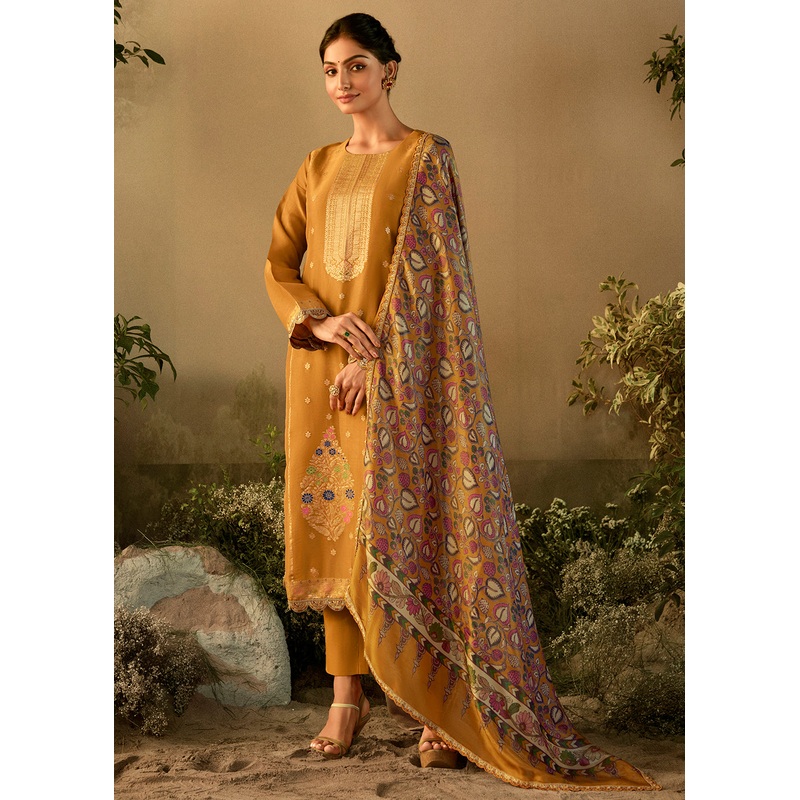 Mustard Pure Zari Banarasi Tissue Festive Wear Salwar Suit