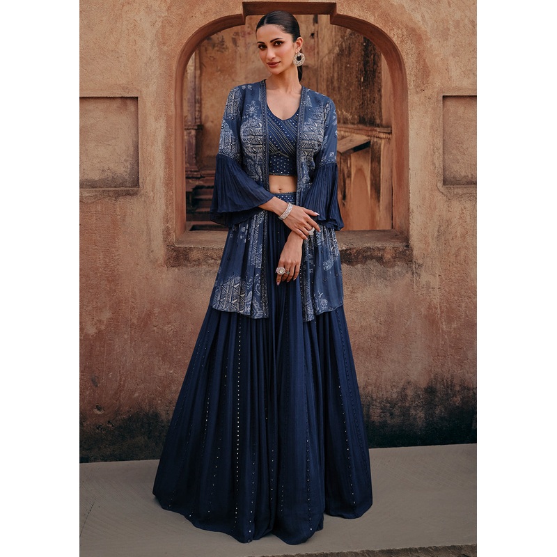 Navy Blue Chinnon Silk Jacket Style Designer Bridesmaid Lehenga