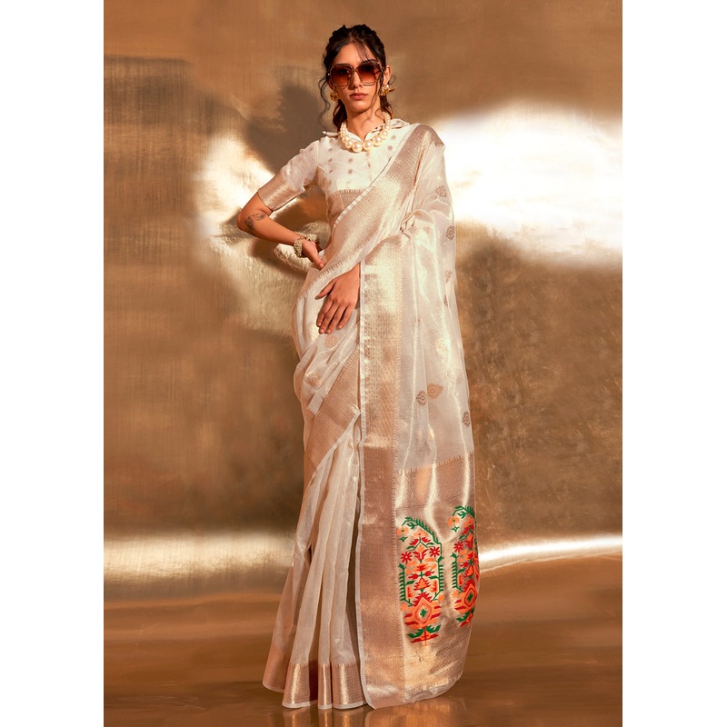 Off White Handwoven Tissue Fabric Festive & Party Style Saree