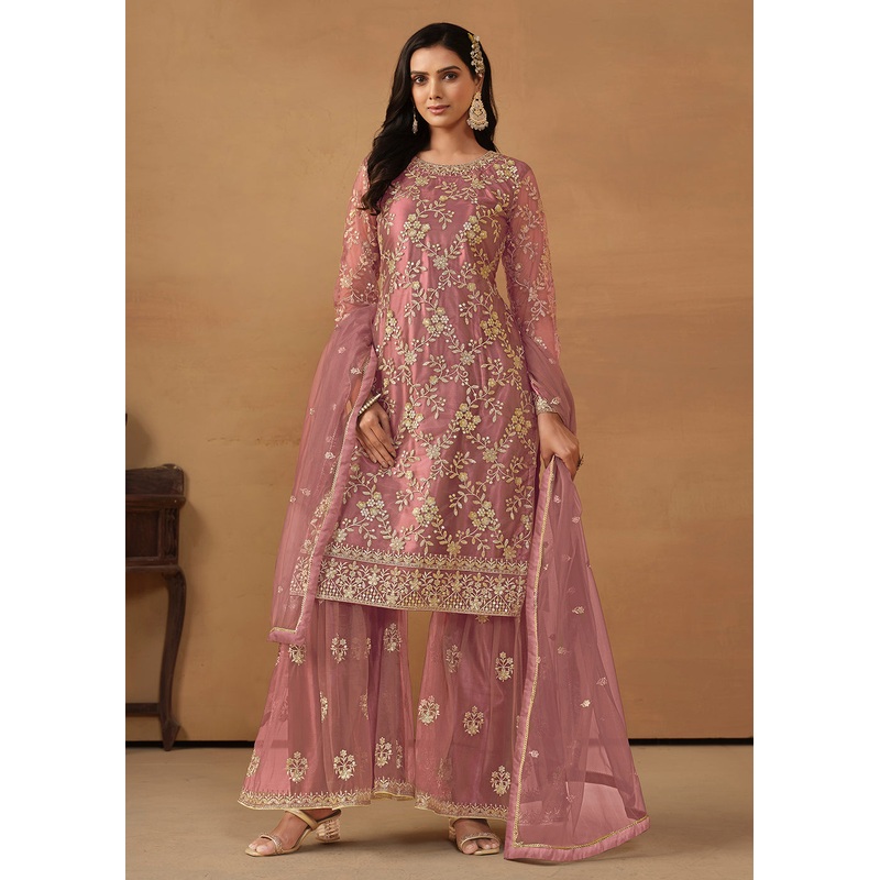 Old Rose Net Embroidered Wedding Festive Gharara Suit