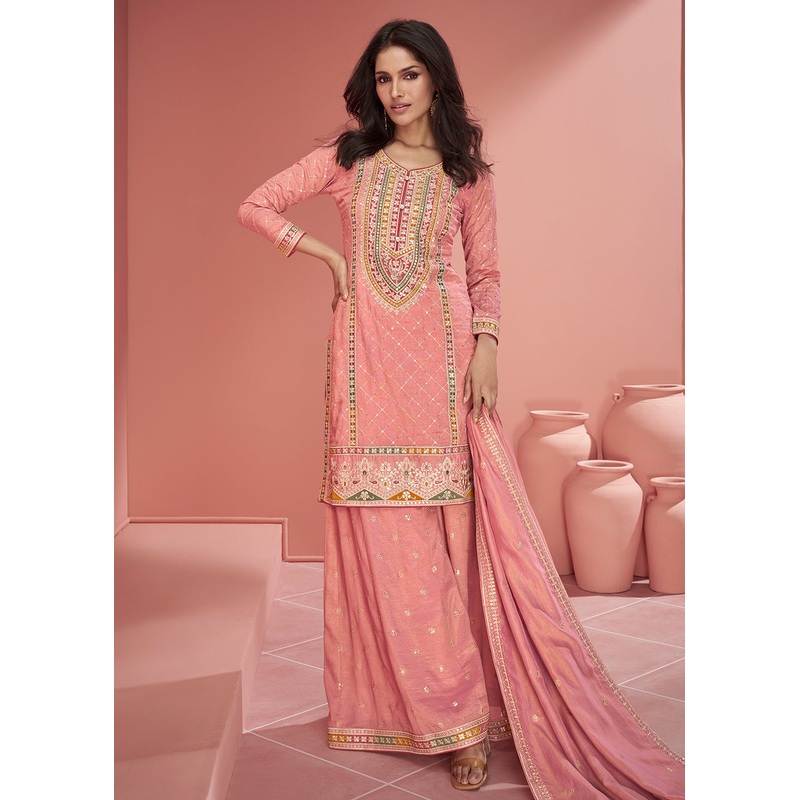 Organza Silk Coral Pink Embroidered Designer Palazzo Suit