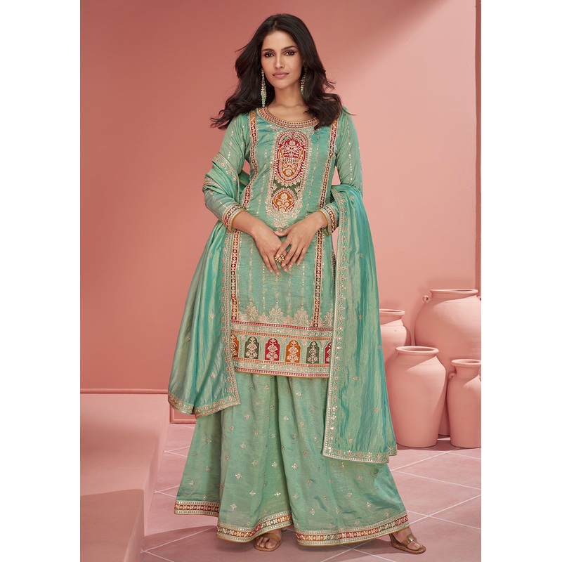 Organza Silk Mint Green Embroidered Designer Palazzo Suit