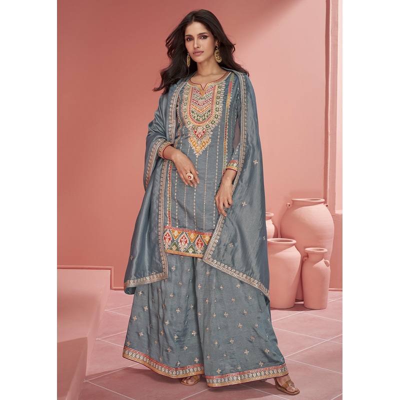 Organza Silk Steel Grey Embroidered Designer Palazzo Suit
