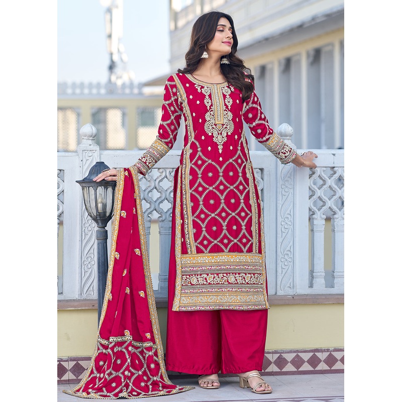 Palazzo Style Hot Pink Chinnon Embroidered Salwar Suit
