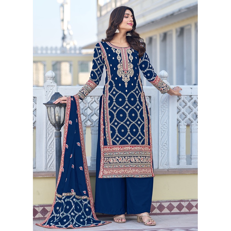 Palazzo Style Prussian Blue Chinnon Embroidered Salwar Suit