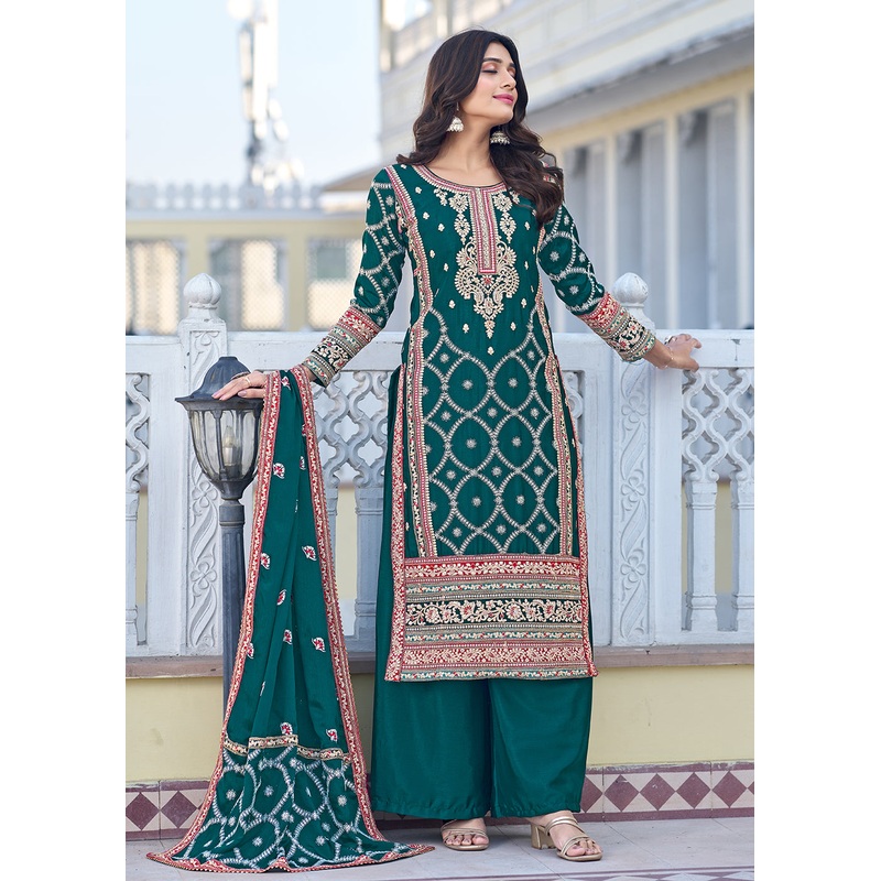 Palazzo Style Teal Green Chinnon Embroidered Salwar Suit