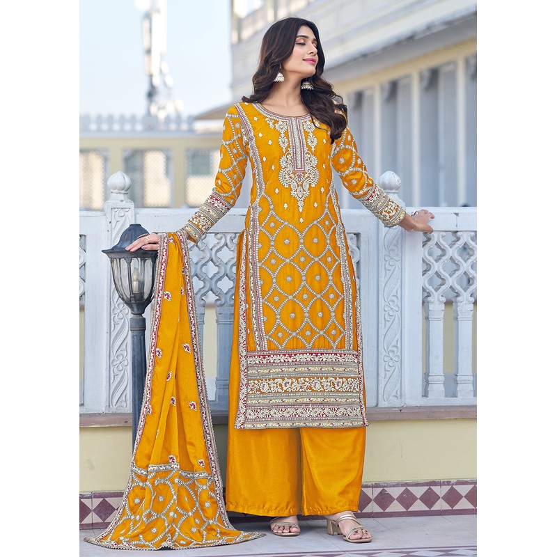 Palazzo Style Yellow Chinnon Embroidered Salwar Suit