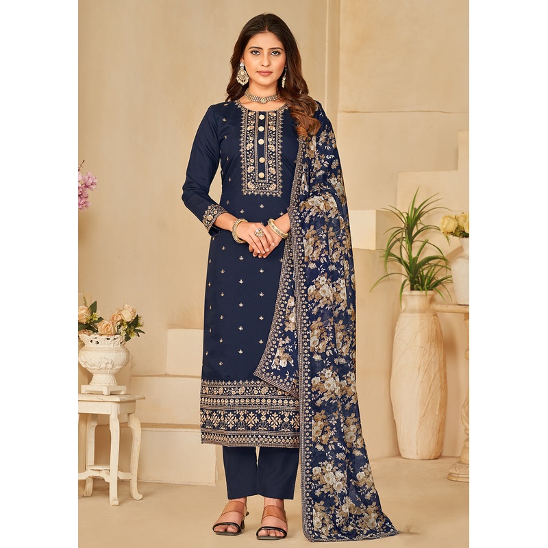 Pant Style Blue Silk Embroidered Ethnic Salwar Kameez
