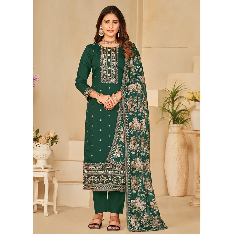 Pant Style Green Silk Embroidered Ethnic Salwar Kameez