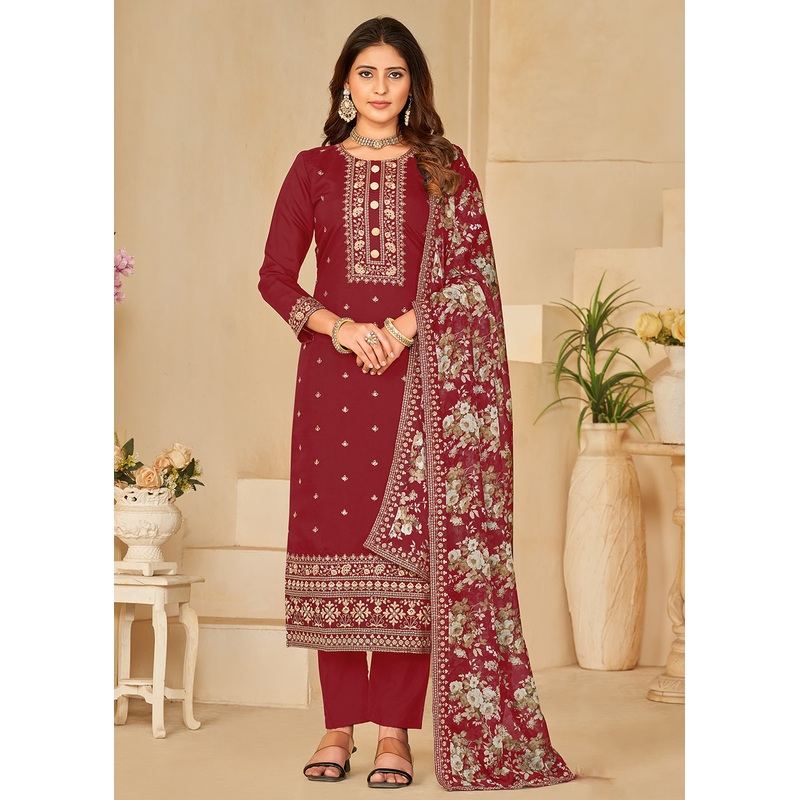 Pant Style Maroon Silk Embroidered Ethnic Salwar Kameez