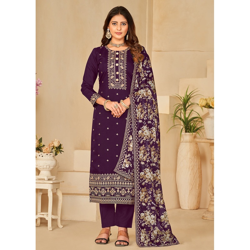 Pant Style Purple Silk Embroidered Ethnic Salwar Kameez