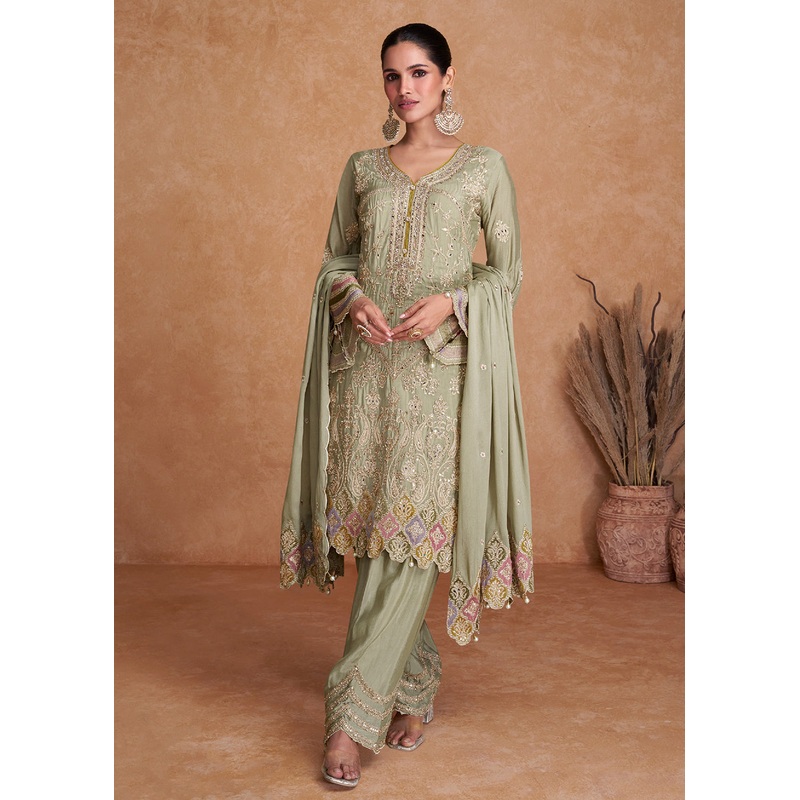 Pastel Green Chinnon Fabric Embroidered Designer Salwar Suit