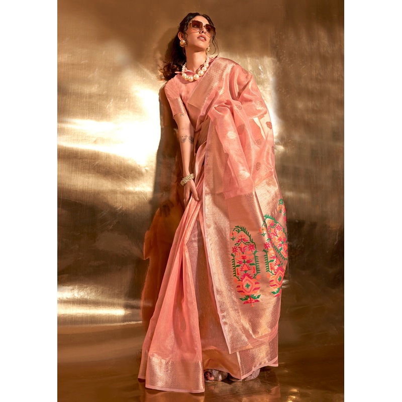 Peach Handwoven Tissue Fabric Festive & Party Style Saree