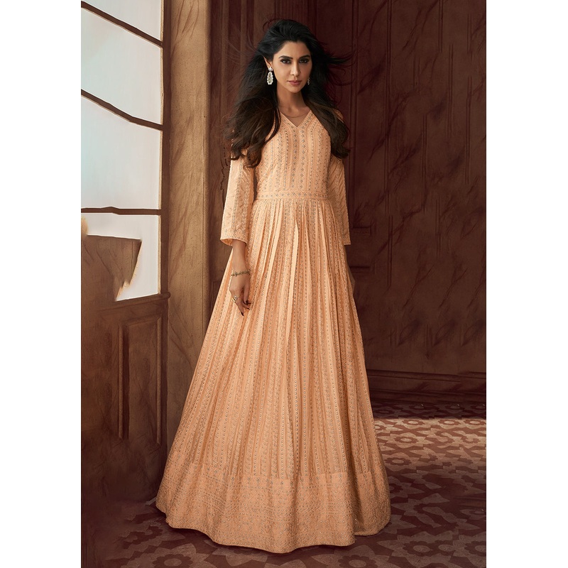 Peach Heavy Georgette Embroidered Wedding Party Anarkali Gown