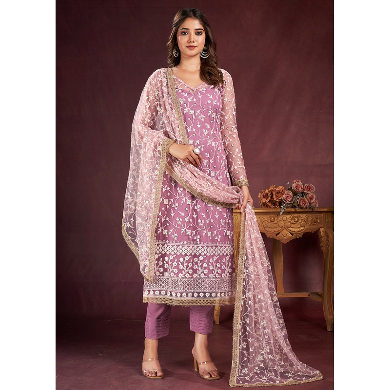 Pink Butterfly Net Embroidered Festive Salwar Suit