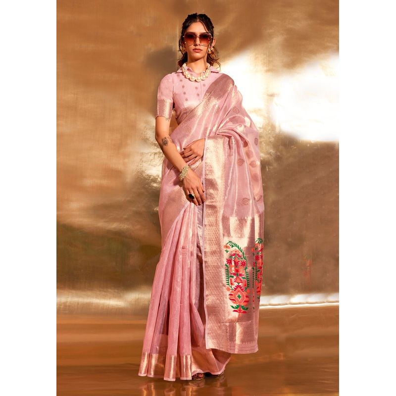 Pink Handwoven Tissue Fabric Festive & Party Style Saree