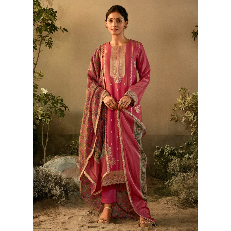 Pink Pure Zari Banarasi Tissue Festive Wear Salwar Suit