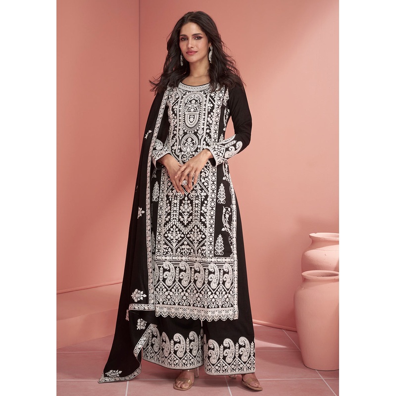 Premium Silk Black Embroidered Eid Style Palazzo Suit