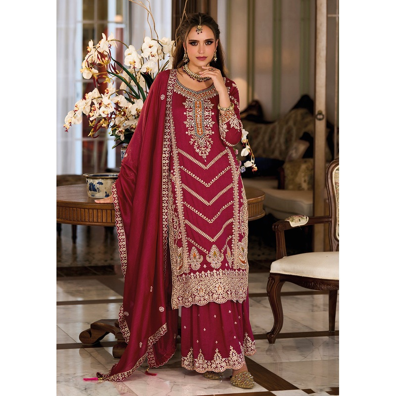 Premium Silk Hot Pink Embroidered Wedding Sharara Suit